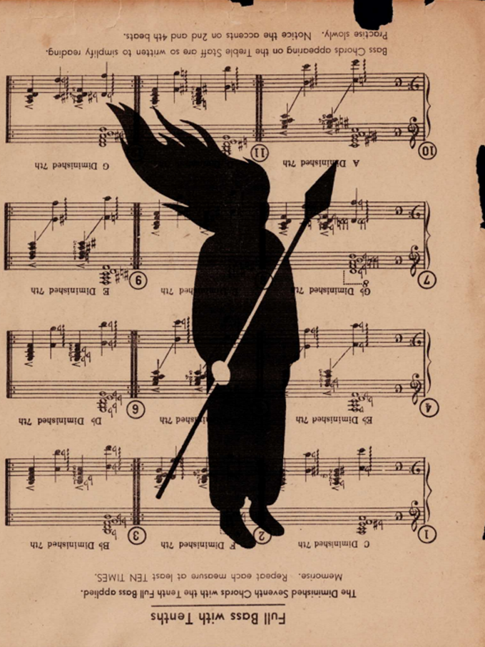 A piece of sheet music with a large black silhouette of a figure with flowing hair holding a spear, superimposed on it.