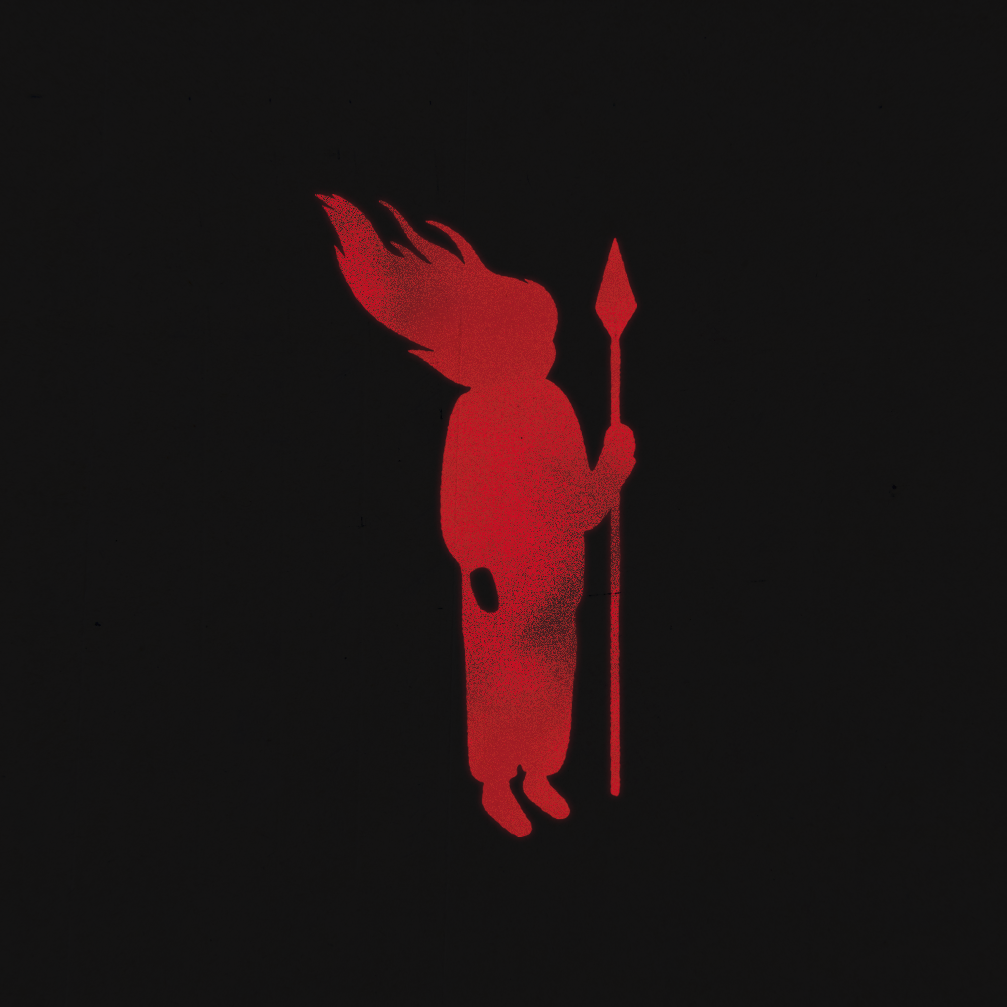 Silhouette of a person with fiery hair holding a spear, illuminated in red against a dark background.