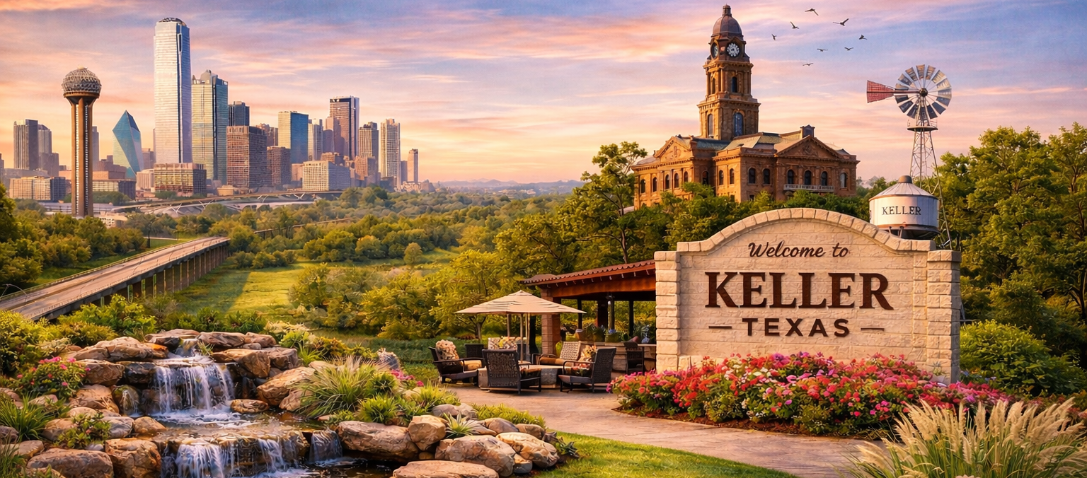 Scenic view of Dallas, Texas, skyline with modern skyscrapers, historic courthouse, lush greenery, a small waterfall, and welcoming sign for Keller, Texas, with flowers in the foreground at sunset.
