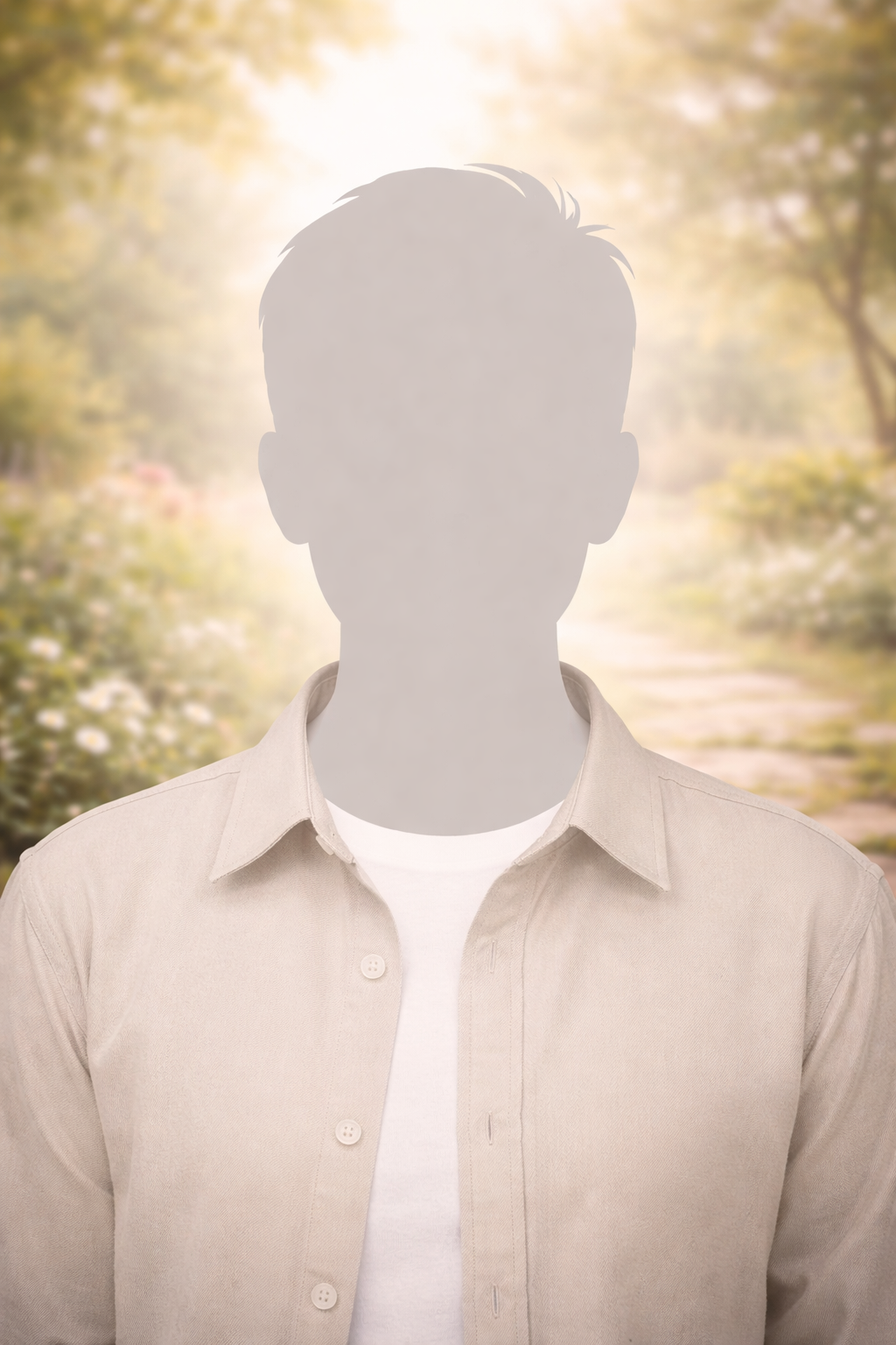 Silhouette of a person wearing a light beige shirt and white t-shirt, outdoors with a blurred nature background and sunlight.