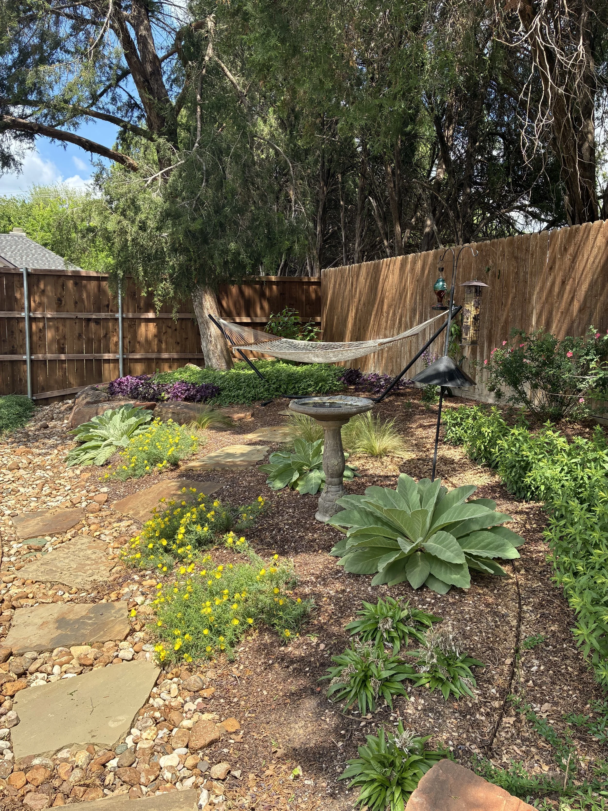 A backyard garden with a hammock suspended between a tree and a metal pole, surrounded by various green plants, shrubs, and flowers, with a wooden fence and large trees in the background.