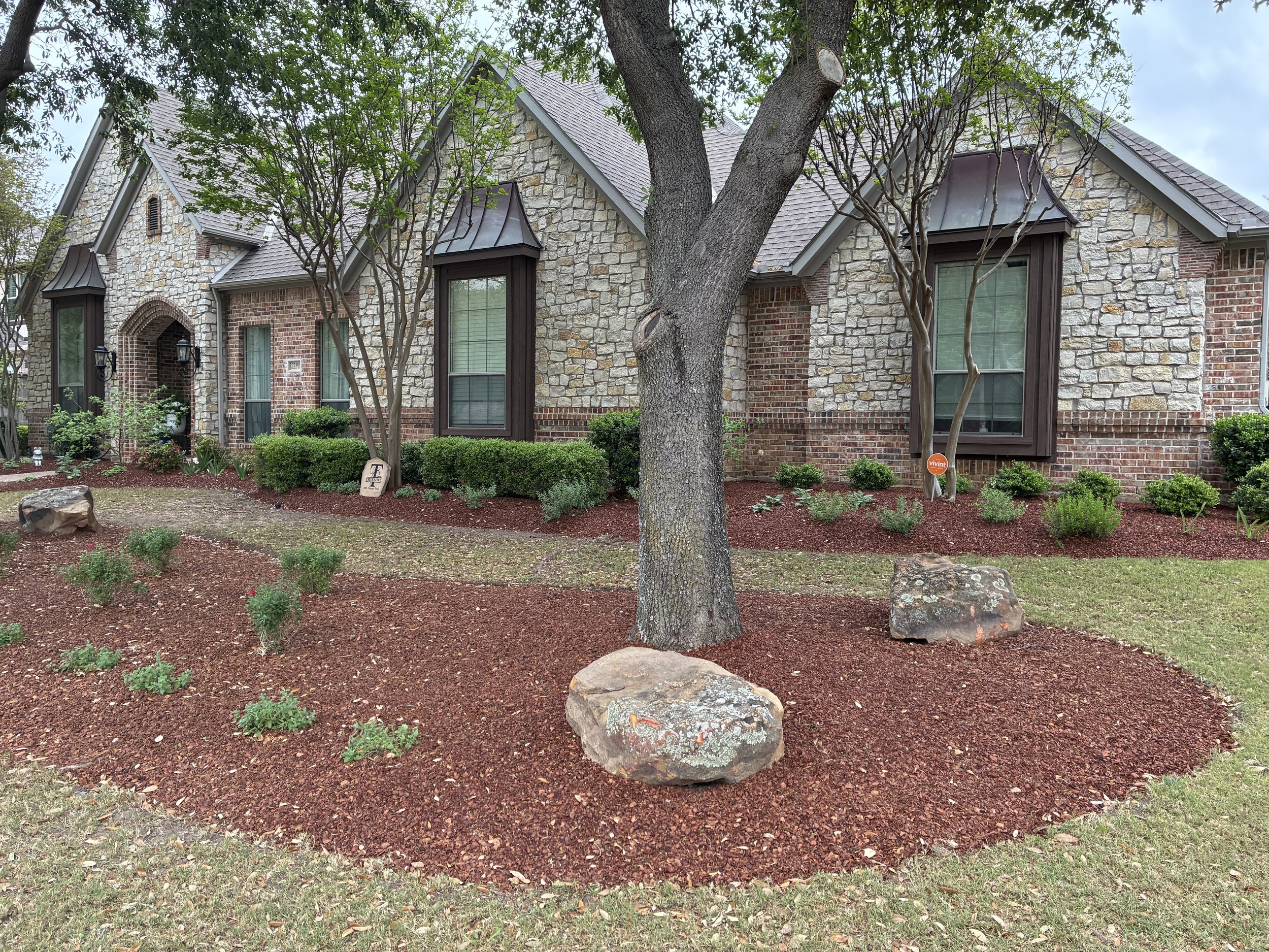 A brick and stone house with a landscaped front yard featuring mulch, small shrubs, and a large tree.