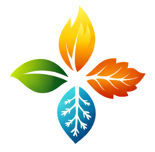 A colorful graphic of a four-leaf clover with each leaf representing a different element: a yellow flame, a green leaf, an orange leaf, and a blue water droplet with roots.