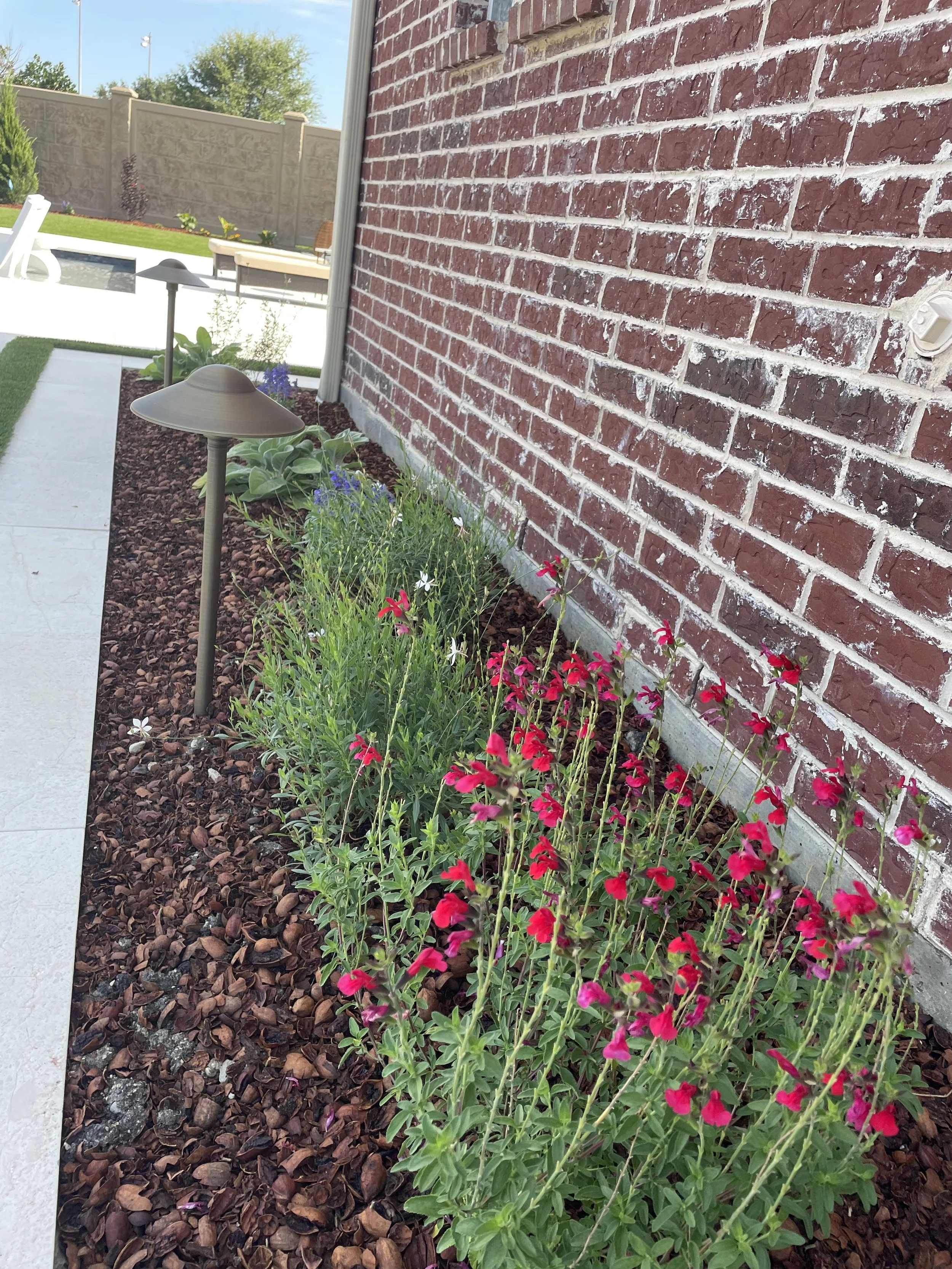Side garden bed with red and white flowers along a brick house wall, small outdoor lights, and a concrete pathway on the left.