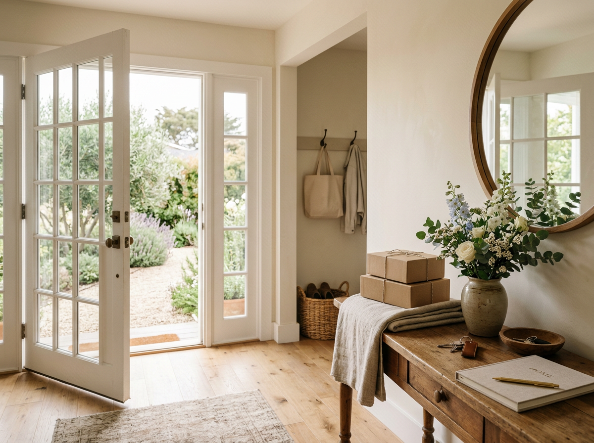 Sunlit entryway with open French doors leading to a garden. Interior includes a wooden console table with a vase of flowers, boxes, a notebook, and keys.