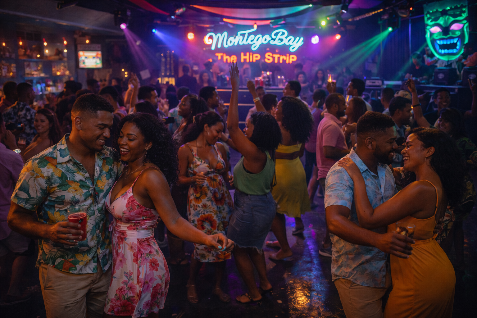 People dancing and socializing at a nightclub with neon lights and a sign that reads "Montego Bay The Hip Strip."