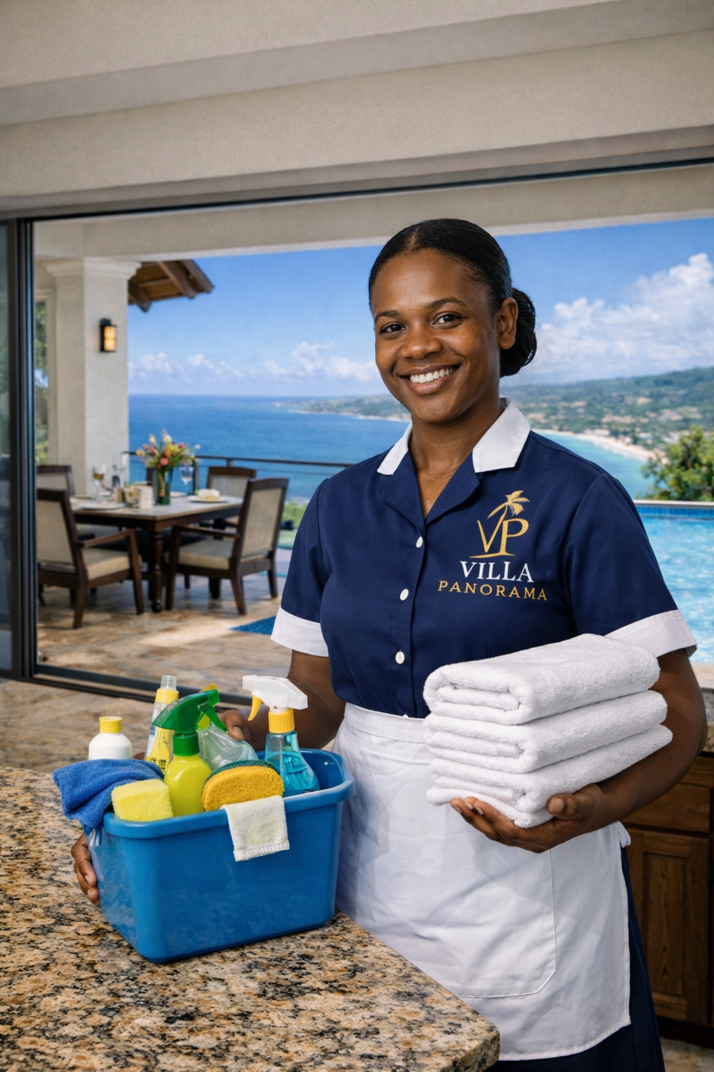 A smiling woman in a Villa Panorama uniform holding folded towels and standing in a kitchen with a view of an outdoor dining area and ocean.