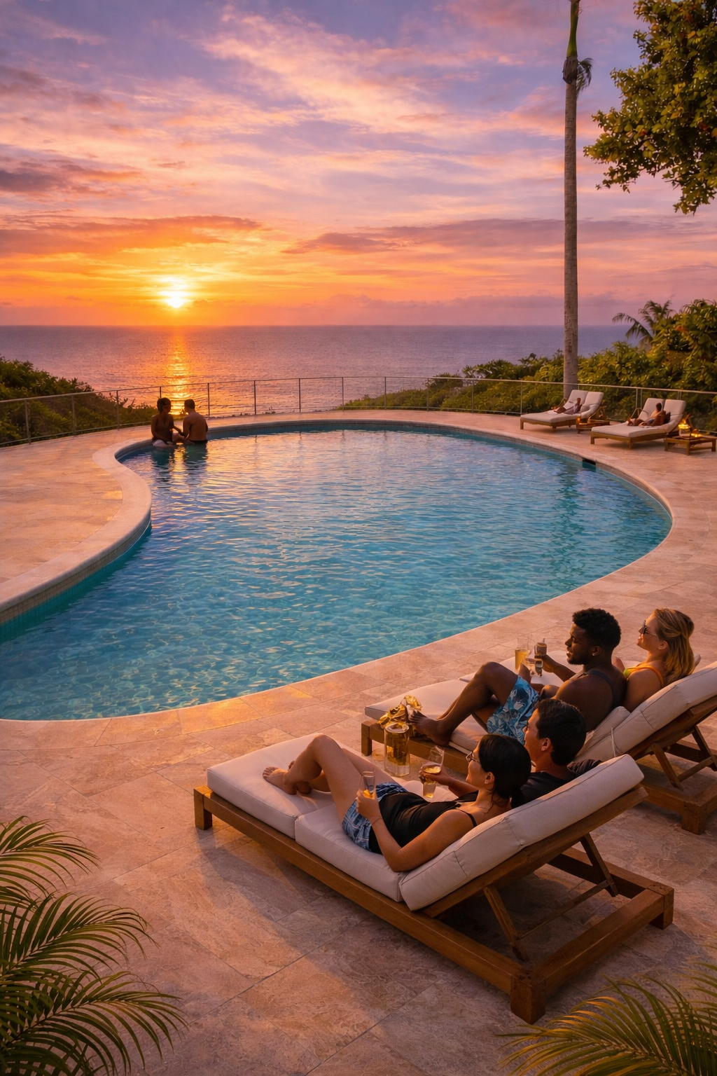 People relaxing on lounge chairs near an outdoor pool during sunset with the ocean and a colorful sky in the background.