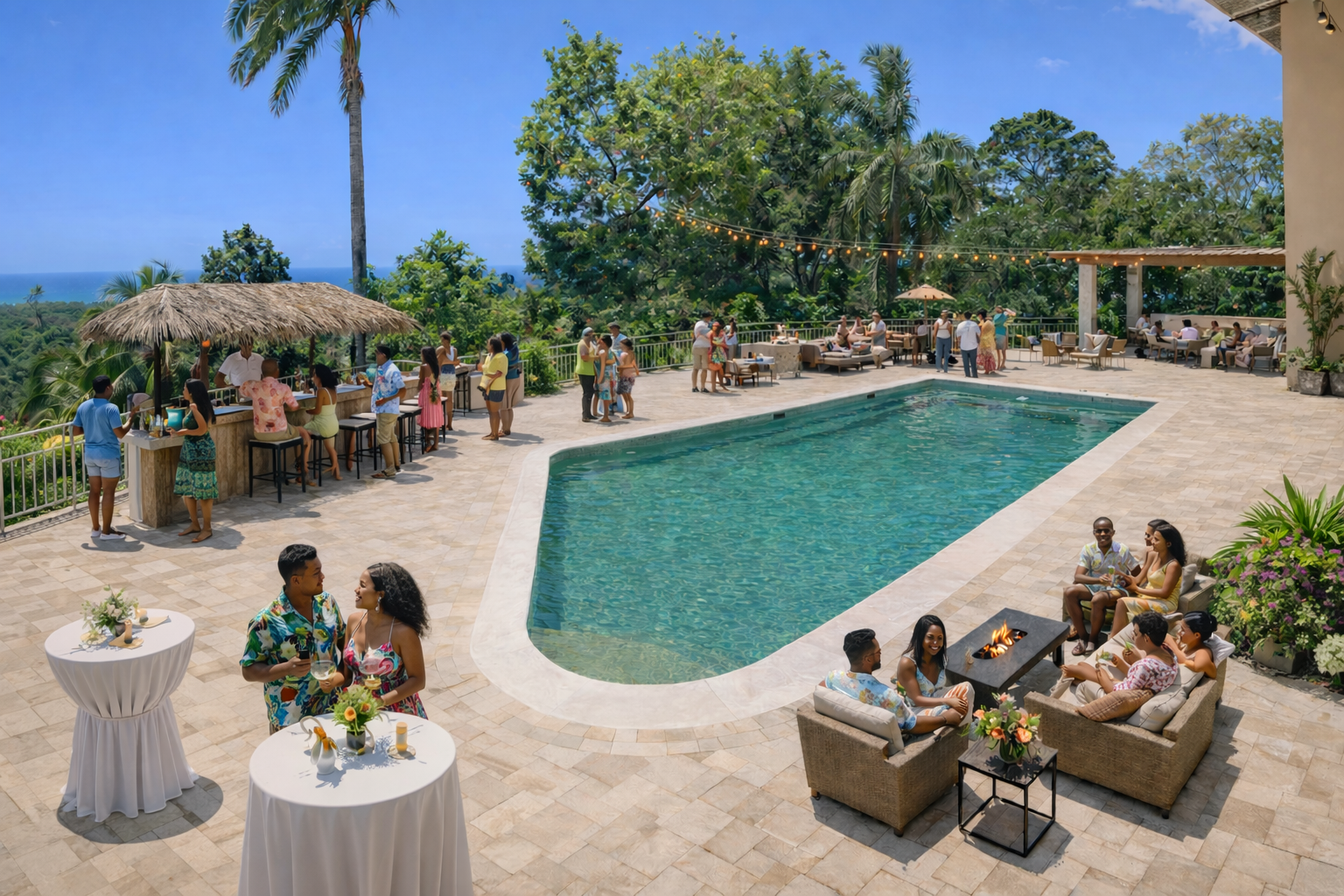 Guests enjoying a poolside party at a tropical outdoor venue with a swimming pool, palm trees, and lush greenery, under a clear blue sky.