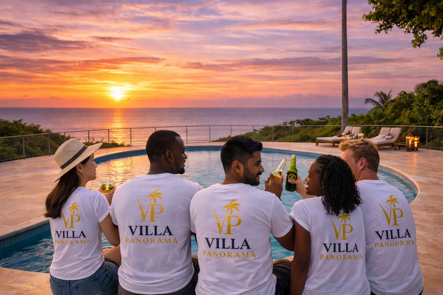 Group of five friends sitting by a pool at sunset, holding drinks, with a view of the ocean and a colorful sky, wearing shirts with 'VP Villa Panorama' logo.