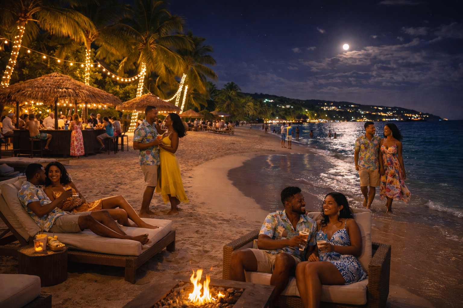 A group of people enjoying a beach party at night under the moon, with tiki torches and string lights, sitting and standing on the sand, with the ocean and a partly cloudy sky in the background.