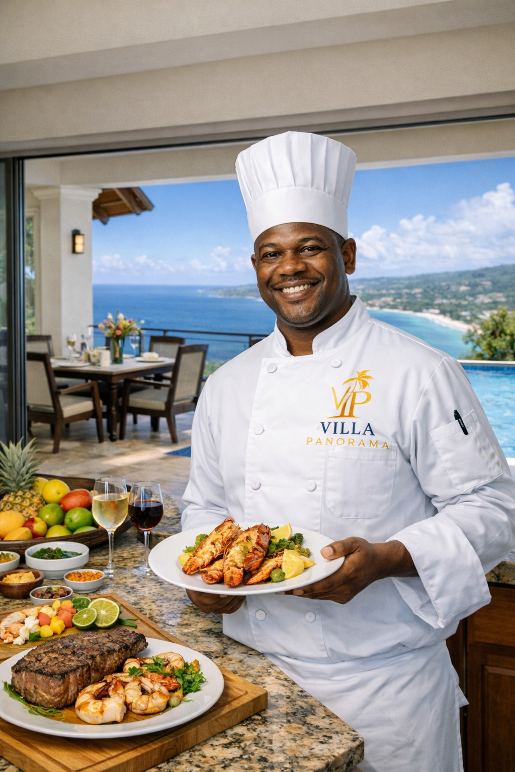 A smiling chef in a white uniform with 'VIP Villa Panorama' logo, holding a plate of lobster near a kitchen counter with various food and drinks. In the background, an open patio with a dining area overlooking the ocean and a scenic coastline.