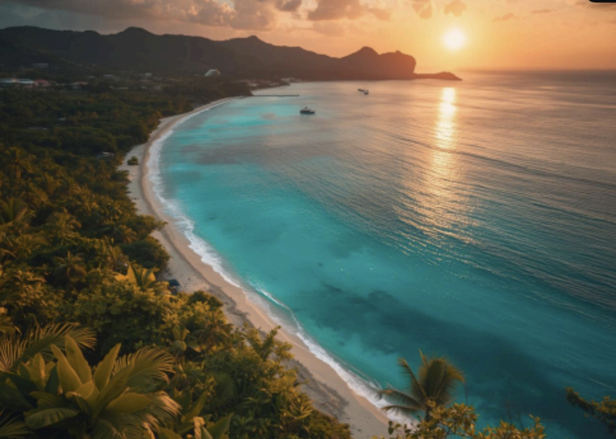 Sunset over a tropical beach with turquoise water, white sand, lush greenery, and mountains in the background.