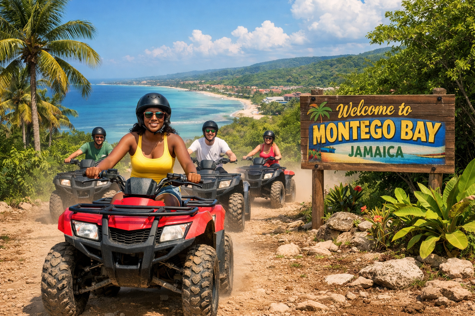 Four people riding all-terrain vehicles on a dirt trail near the coast of Montego Bay, Jamaica, with ocean and lush green hills in the background, and a welcome sign for Montego Bay.