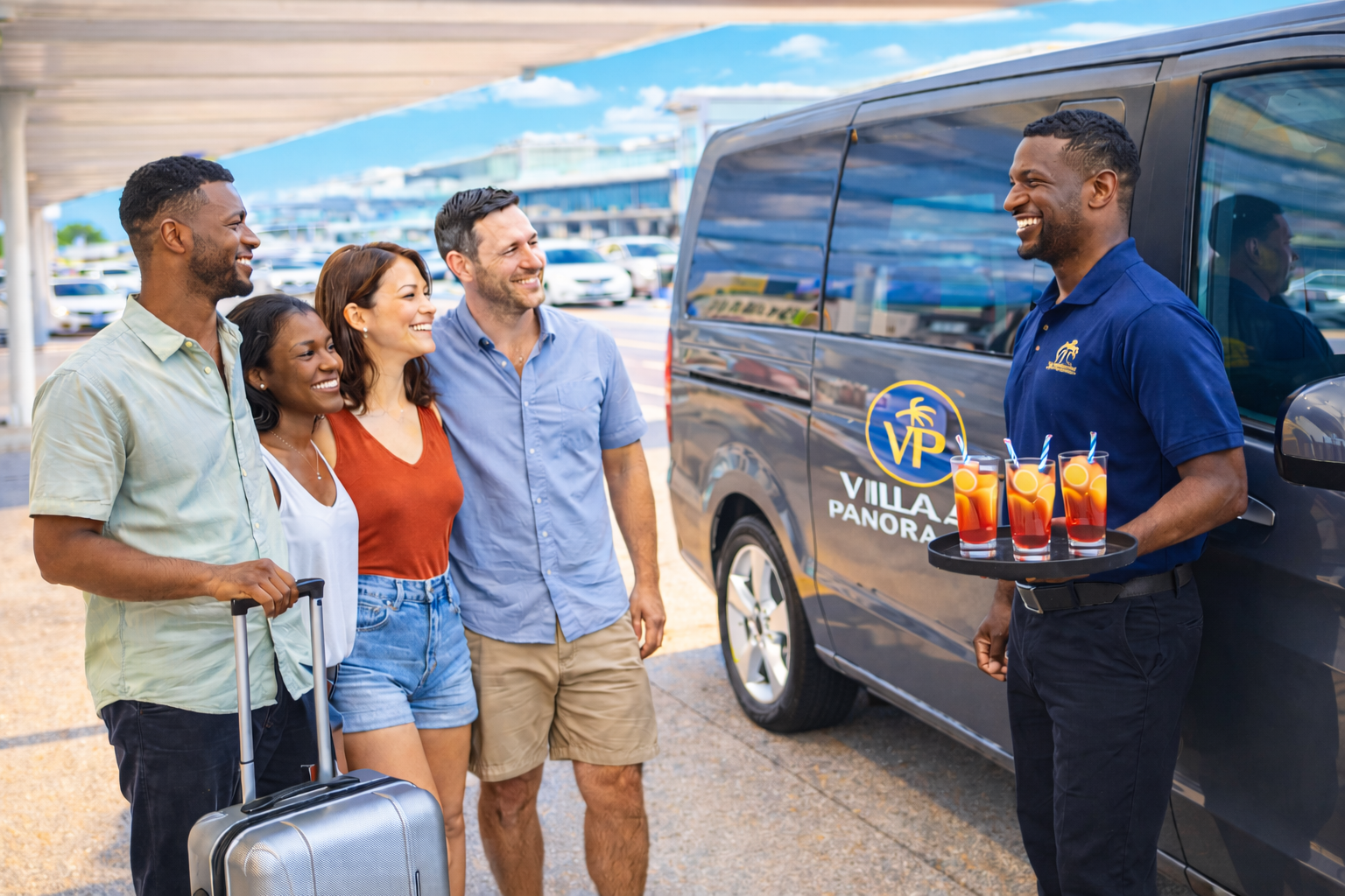 A welcoming chauffeur in a navy blue Villa Panorama uniform offering drinks to a group of five smiling tourists at an airport, with a VIP van in the background.