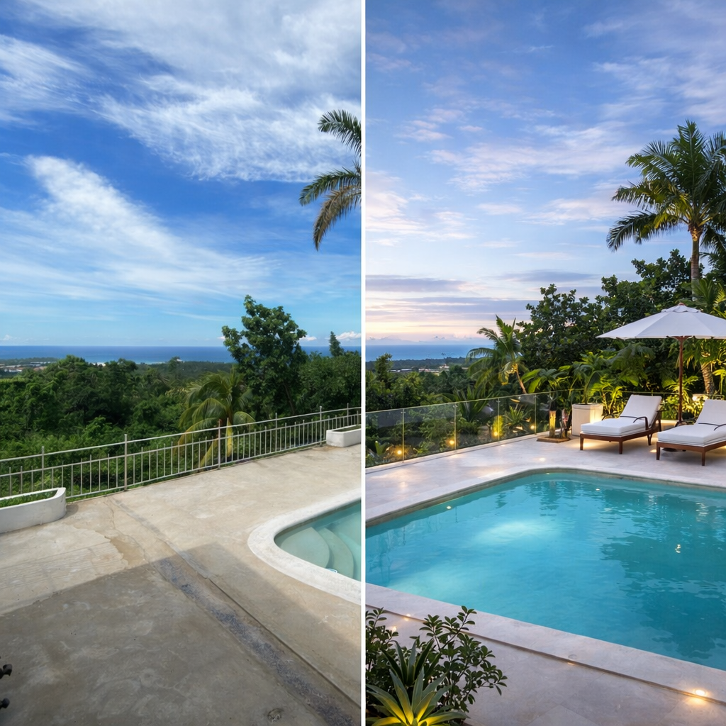 A split-screen photo showing a daytime view of a tropical landscape with a pool in the foreground on the left, and an evening scene with a lit pool, lounge chairs, and palm trees on the right.
