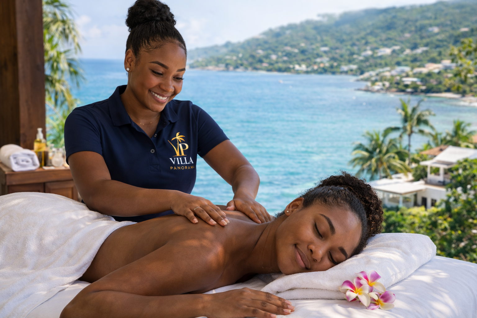 A woman receives a massage at a spa with a scenic ocean view in the background, wearing a navy blue polo shirt with the logo 'Villa Panorama' and a palm tree emblem.