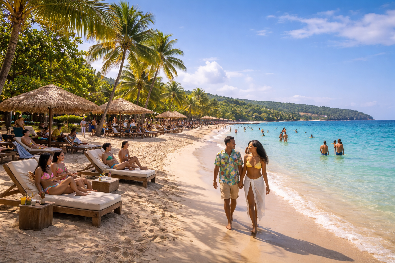 A tropical beach scene with palm trees, thatched umbrellas, and lounge chairs. People are relaxing on the sand and swimming in the clear blue ocean. A man and woman are walking along the shoreline holding hands. The sky is mostly sunny with a few clouds.