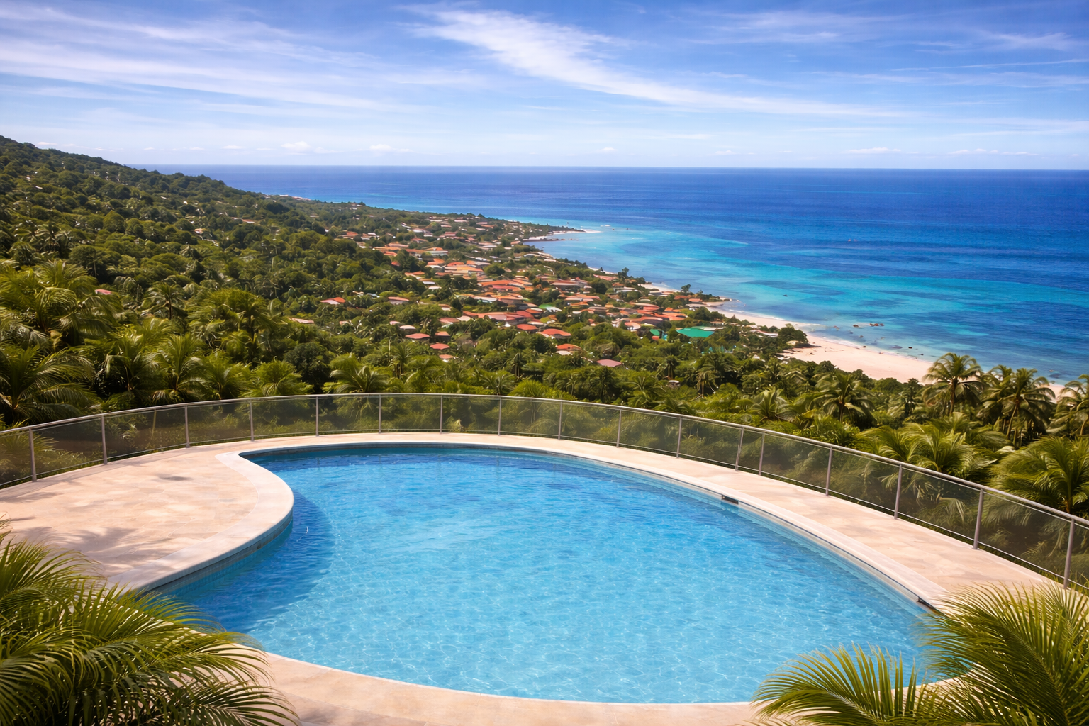 A swimming pool on a hilltop with a view of lush green hills, a coastal town, and the ocean in the distance