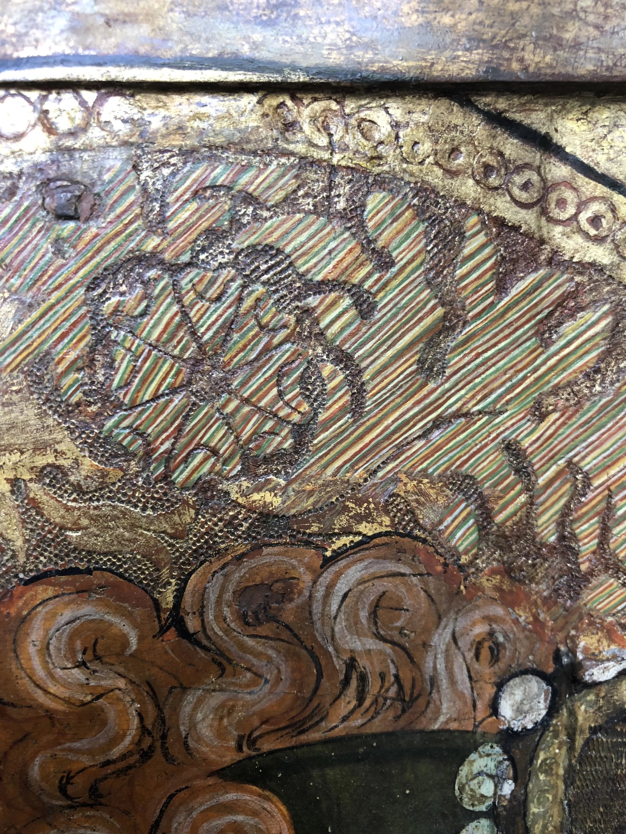 Detail of tratteggio-style loss compensation in 15th century panel painting.  