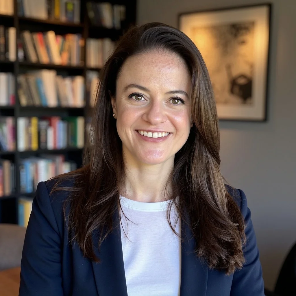 A woman with long brown hair, wearing a navy blazer and white shirt, smiling in front of a bookshelf and framed artwork.