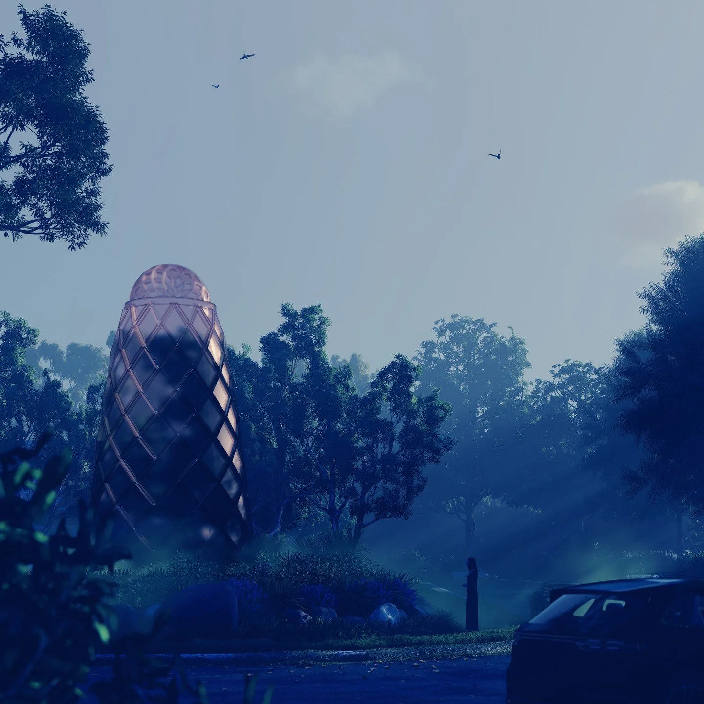 Astral explores a future where the unimaginable becomes reality&mdash;where alien structures blend seamlessly with the everyday rhythms of suburban life. In this bold vision, a crystal architectural form stands in contrast to the familiar, creating a