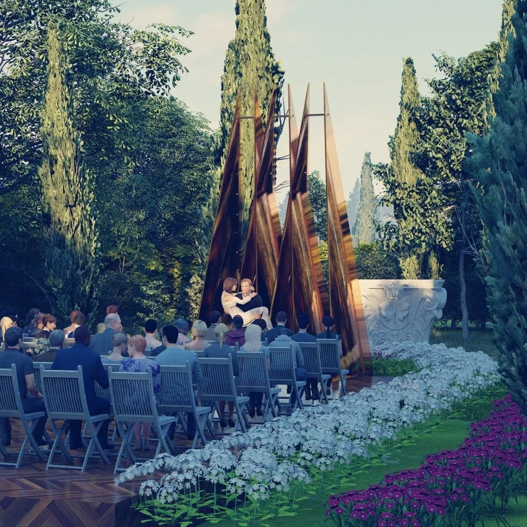 Nature's Cathedral

his stunning geometric altar transforms an outdoor ceremony space into a work of art. Rising dramatically from a wooden platform, the angular wooden spires create a sacred space that perfectly frames those precious "I do&quot