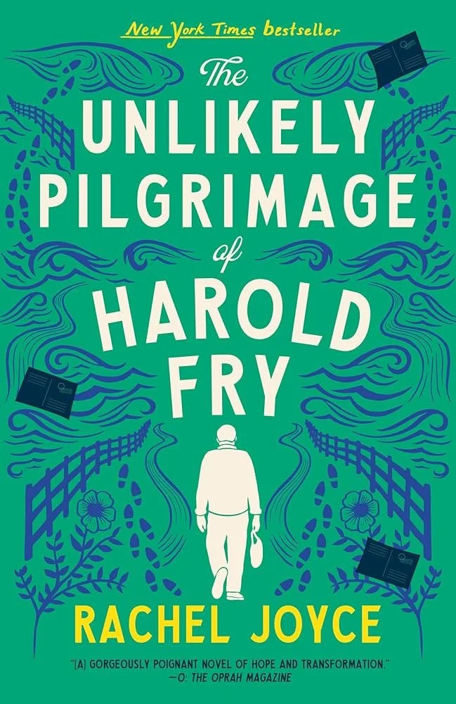 Book cover for 'The Unlikely Pilgrimage of Harold Fry' by Rachel Joyce. Features a silhouette of a man walking down a path surrounded by stylized waves, flowers, and floating radio receivers on a green background.