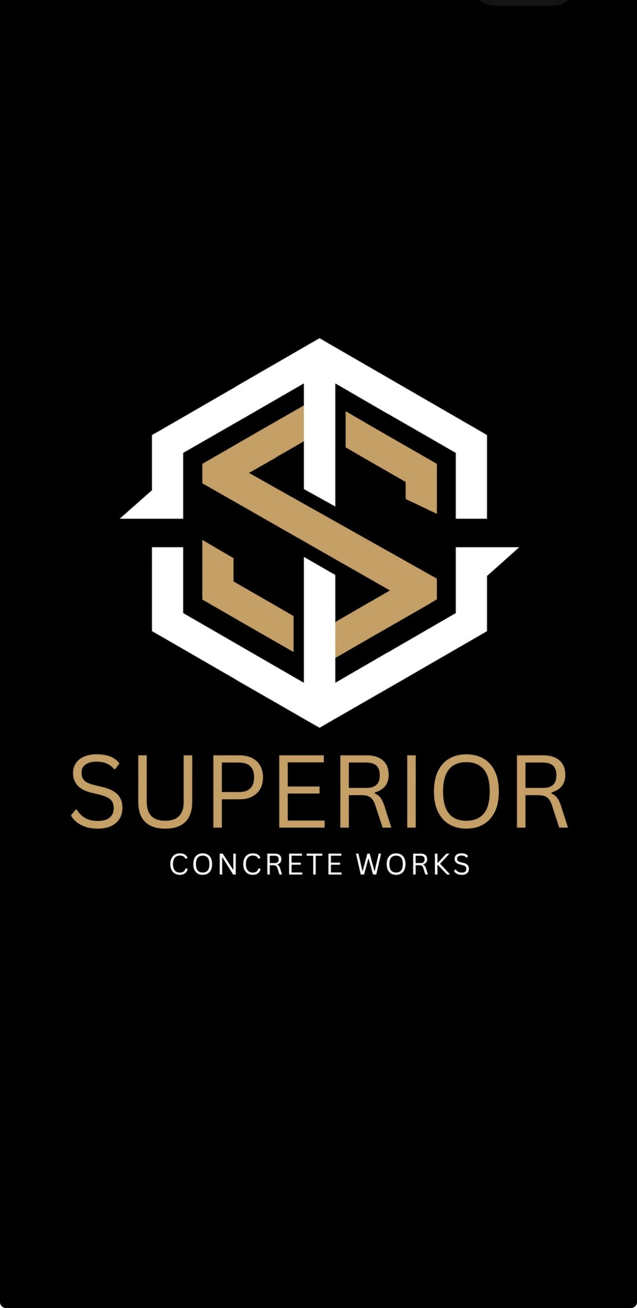 Logo for Superior Concrete Works featuring a stylized geometric icon and the company name in gold and white text on a black background.