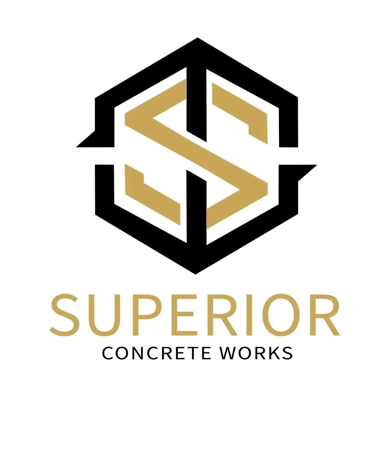 Logo for Superior Concrete Works featuring a black and gold geometric cube design, with the company name "SUPERIOR" in gold, and "CONCRETE WORKS" in black underneath.