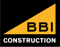 Logo for BBI Construction, featuring a yellow slanted rectangle with the letters 'BBI' and the word 'CONSTRUCTION' beneath.