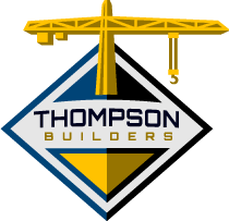Logo of Thompson Builders featuring a yellow construction crane over a diamond-shaped emblem.
