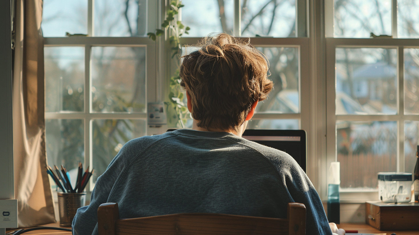 Person sitting at a desk in front of a computer monitor in a room with large window, sunlight streaming in, and a cityscape view outside.