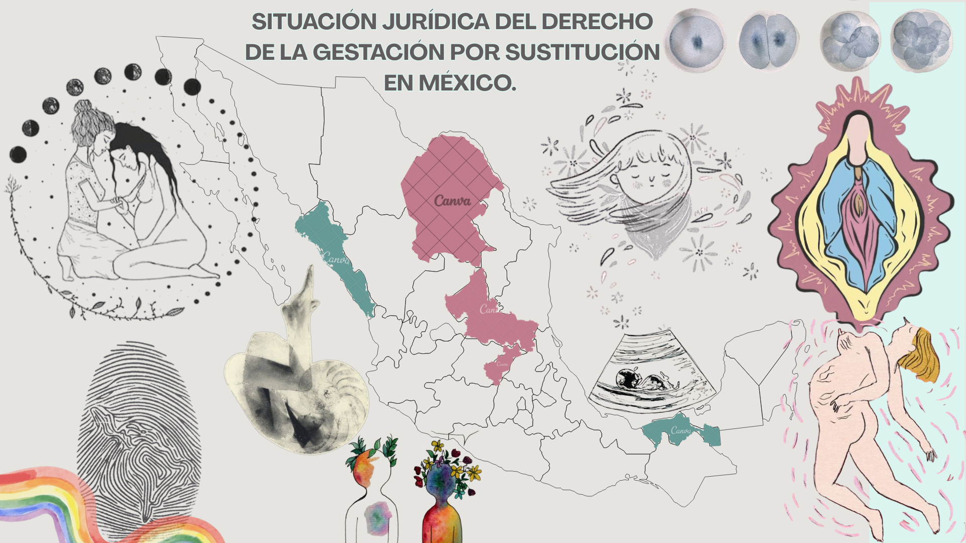 Mapa de México con información sobre la situación jurídica del derecho de la gestación por sustitución, con ilustraciones relacionadas como una pareja en embarazo, una Virgen María estilizada, y plantas y arte abstracto.