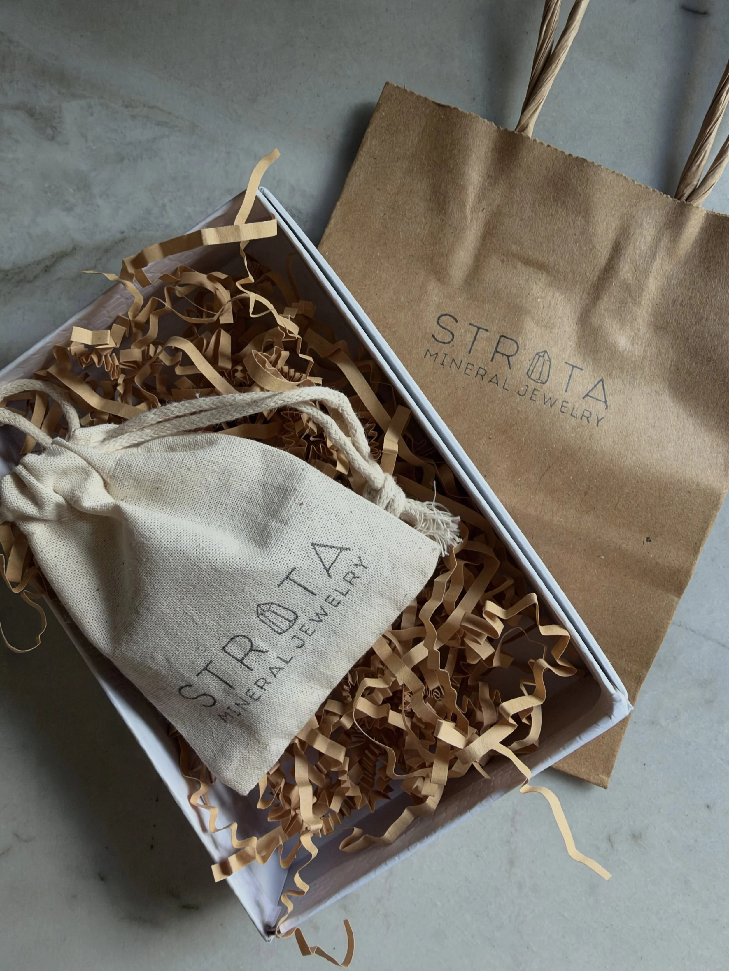 Strata Jewelry uses all-natural materials, plastic-free down to the packaging.