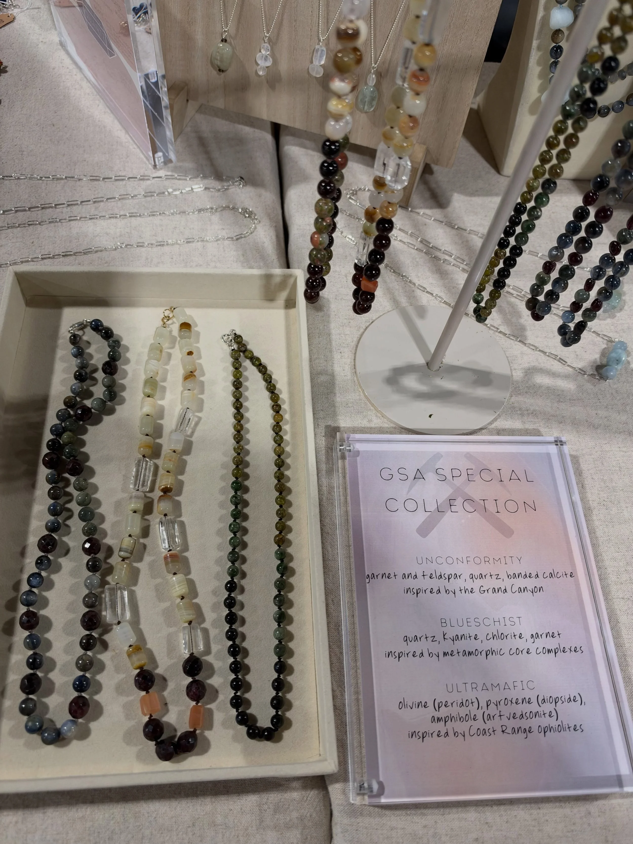 I had so much fun designing a few special pieces for the geologists at the Geological Society of America conference! Three necklaces - igneous, sedimentary, and metamorphic. 

&ldquo;Blueschist&rdquo; facies with kyanite, garnet, and quartz with chlo