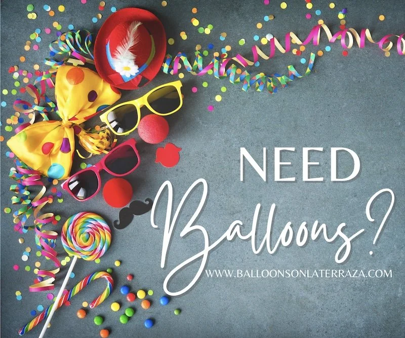 Colorful party items including balloons, confetti, wrapped candies, googly eyes, and a candy lollipop, with text that reads "Need Balloons?" and a website address.