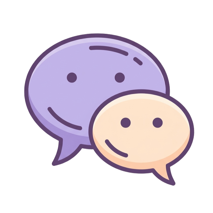 Two overlapping speech bubbles with smiling faces, one purple and one beige.