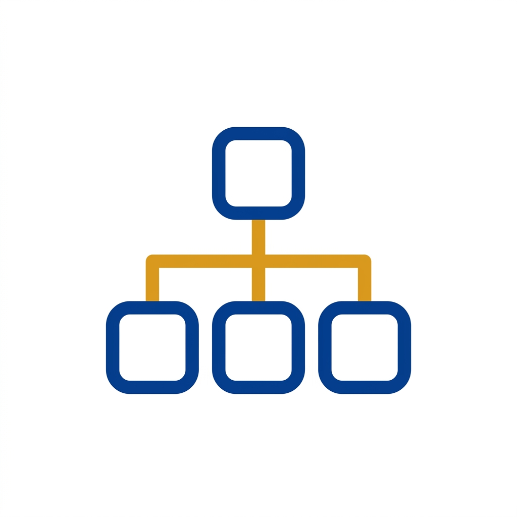 Organizational chart with one top box connected to three bottom boxes with lines, using blue and yellow colors.