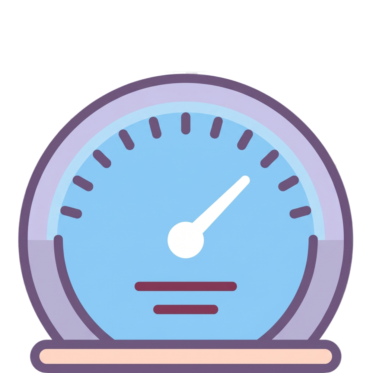 Stylized digital illustration of a speedometer gauge with a light blue face, dark blue tick marks, and a white needle pointing near the three o'clock position.