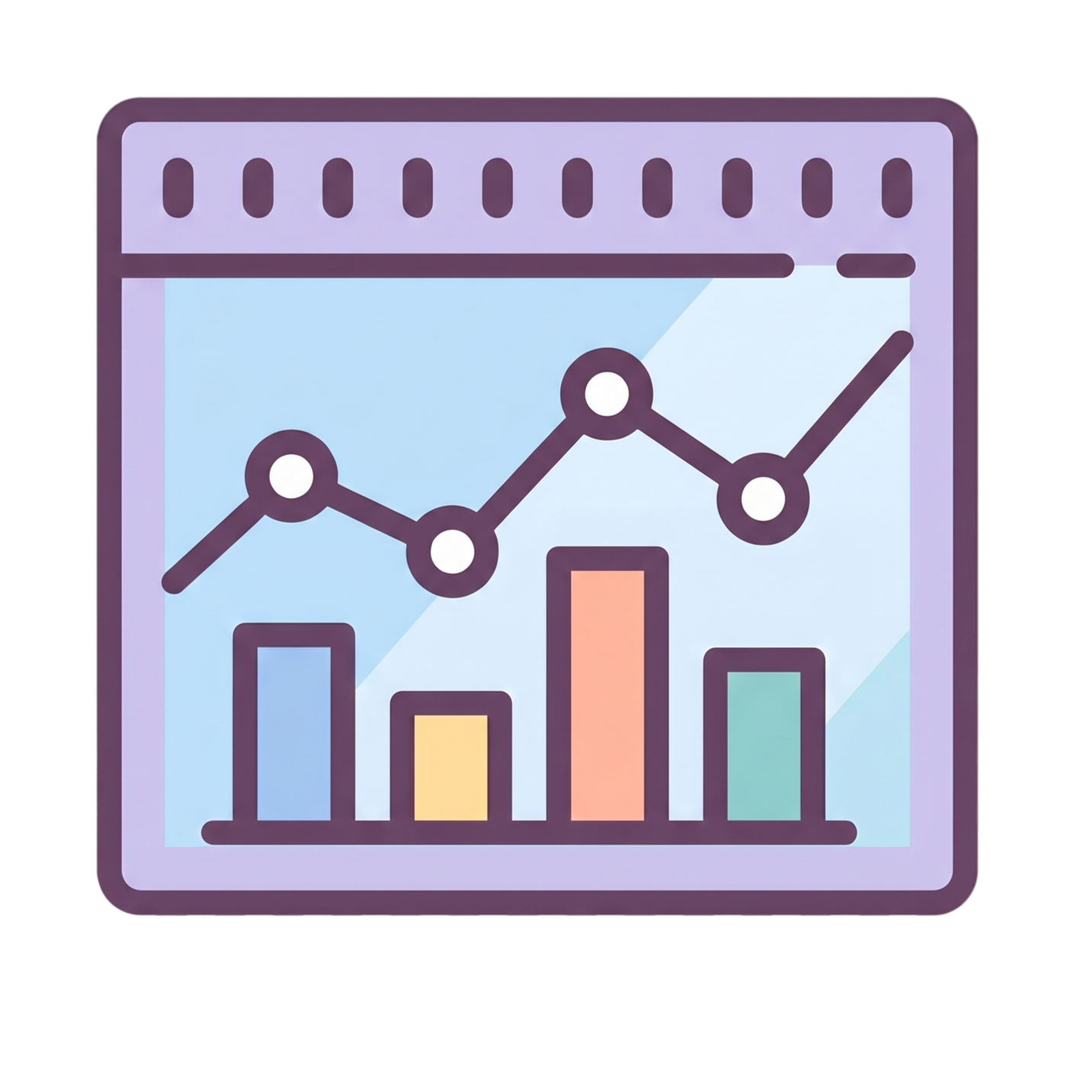 A digital illustration of a data analysis chart with a line graph and bar graph over a light blue background.