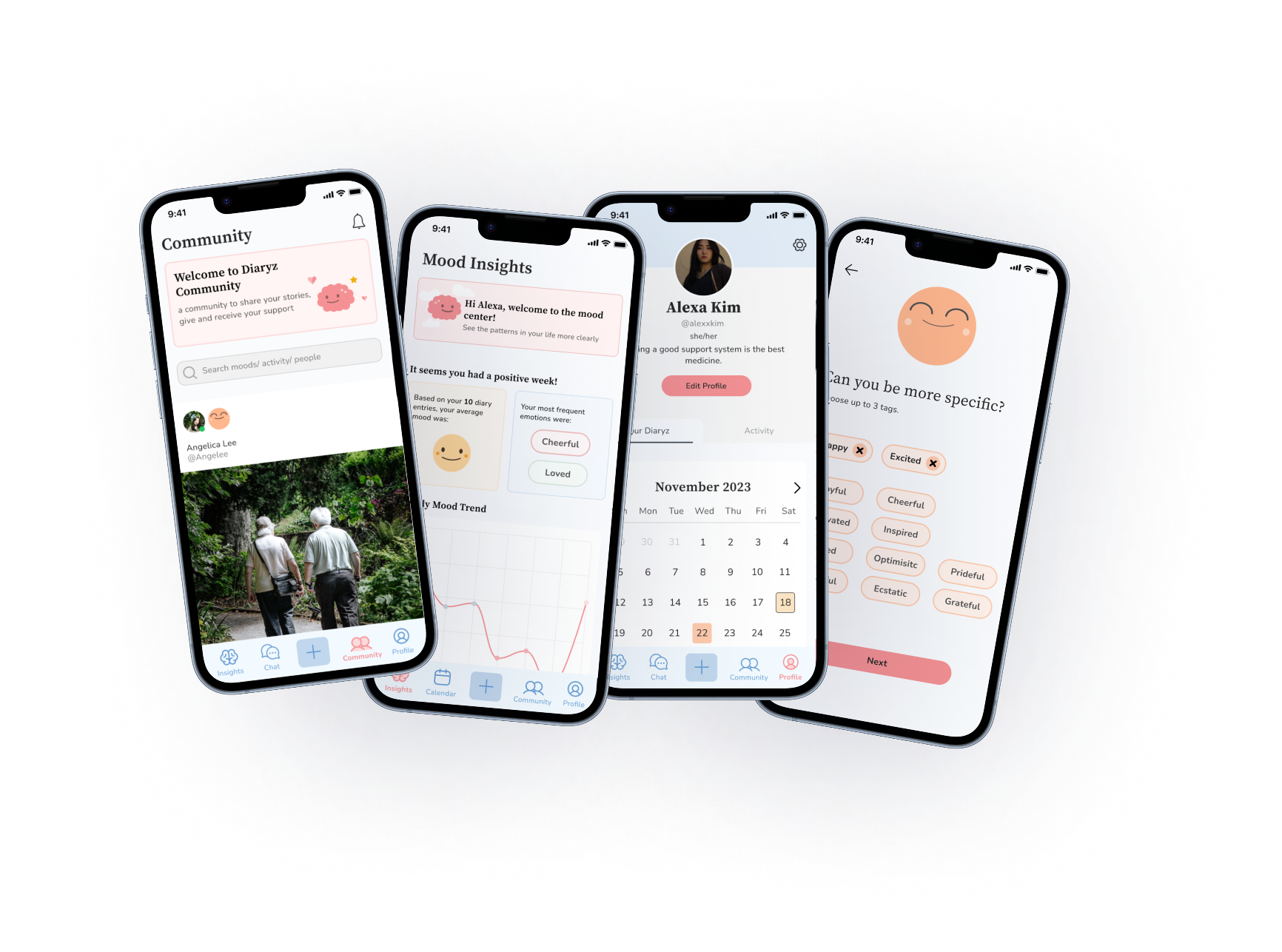 Mobile app interface showing mood tracking, community support, and user profile features for mental health and wellness tracking.