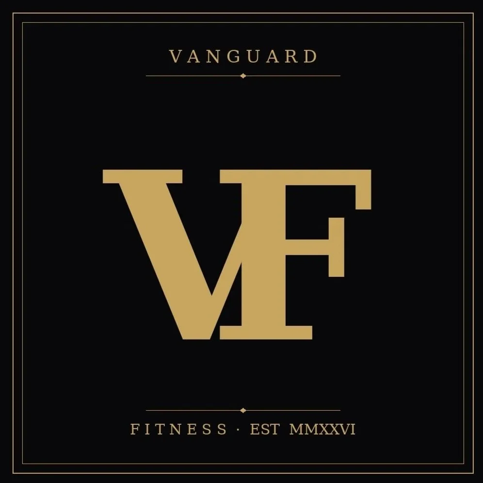 Black and gold logo with the words "VANGUARD FITNESS" and large overlapping "V