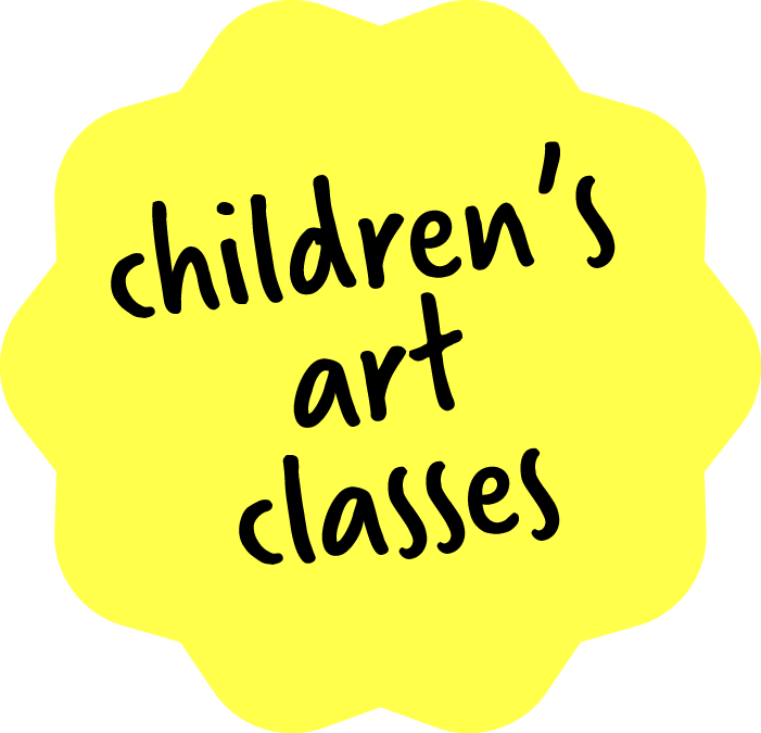 Yellow badge with black handwritten text that says 'children's art classes' surrounding the text.