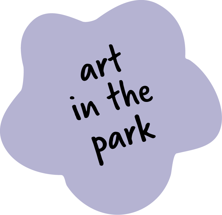 a flower graphic containing text "art in the park"