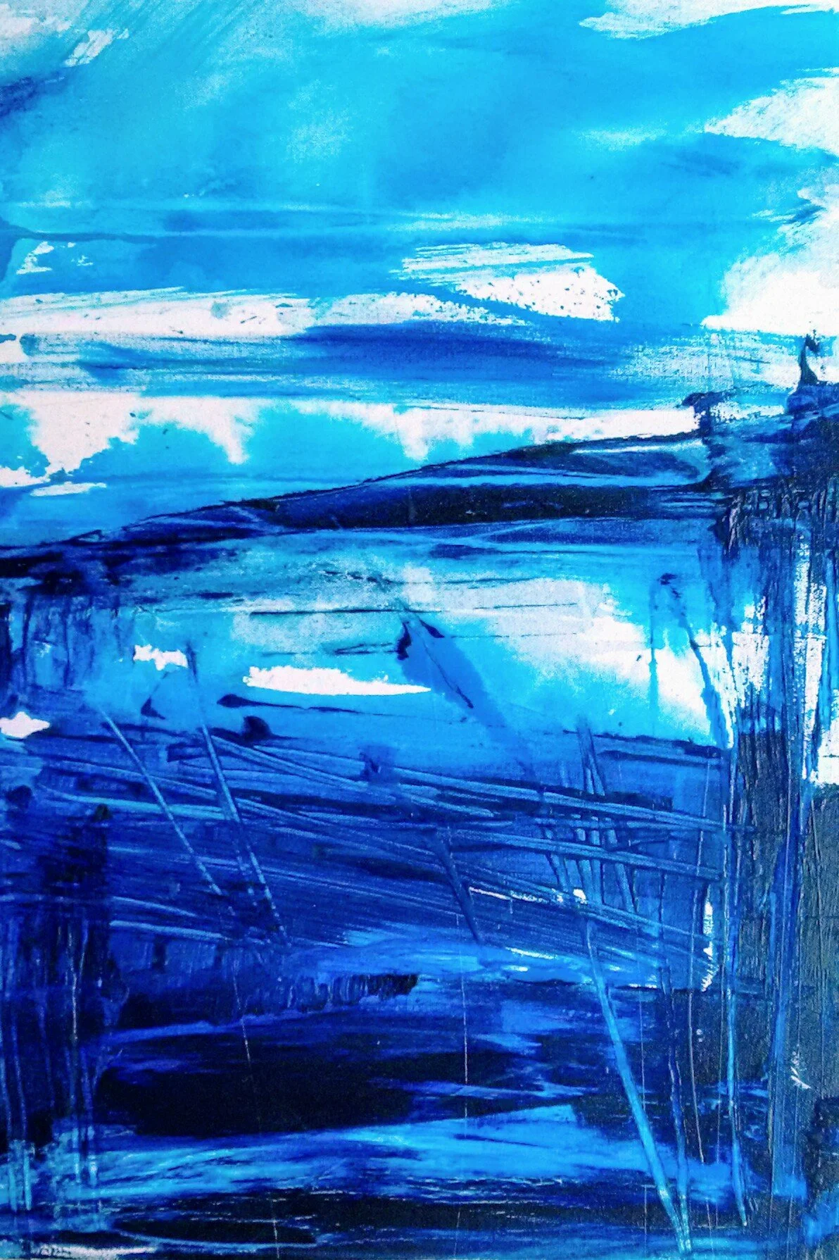 An abstract mixed media painting in shades of Blue by artist Laura Kneebone