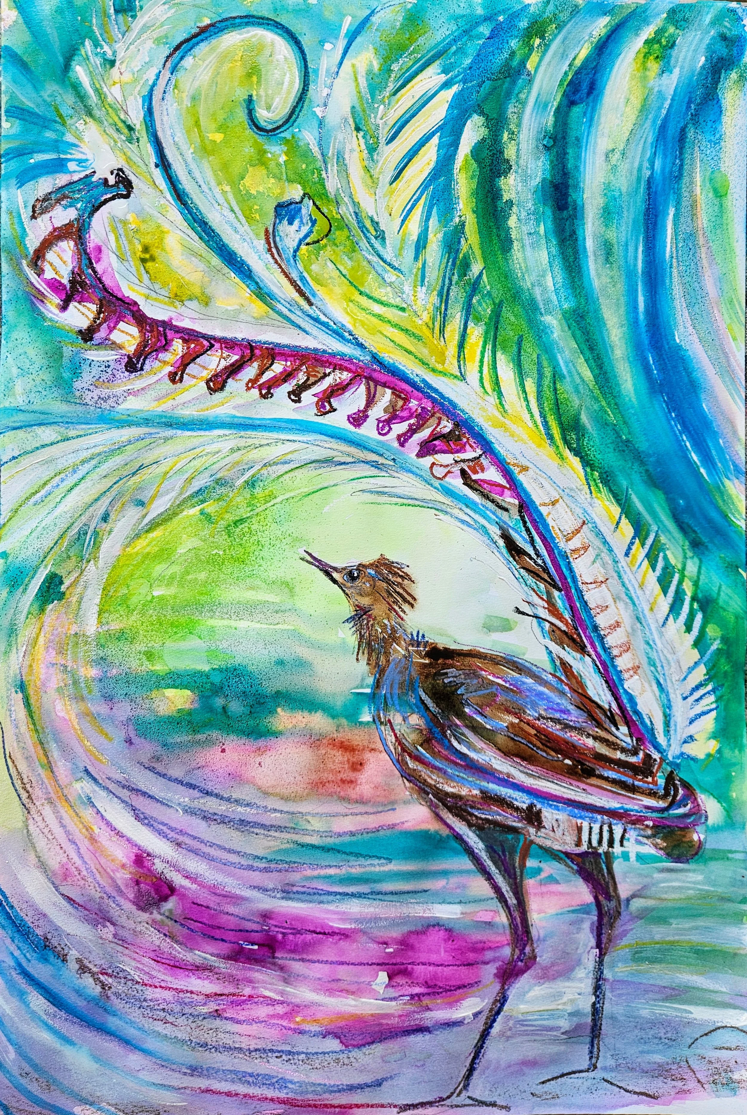 A colorful watercolor painting of a hummingbird flying near a curled up palm leaf with swirling blue, green, pink, and purple background.