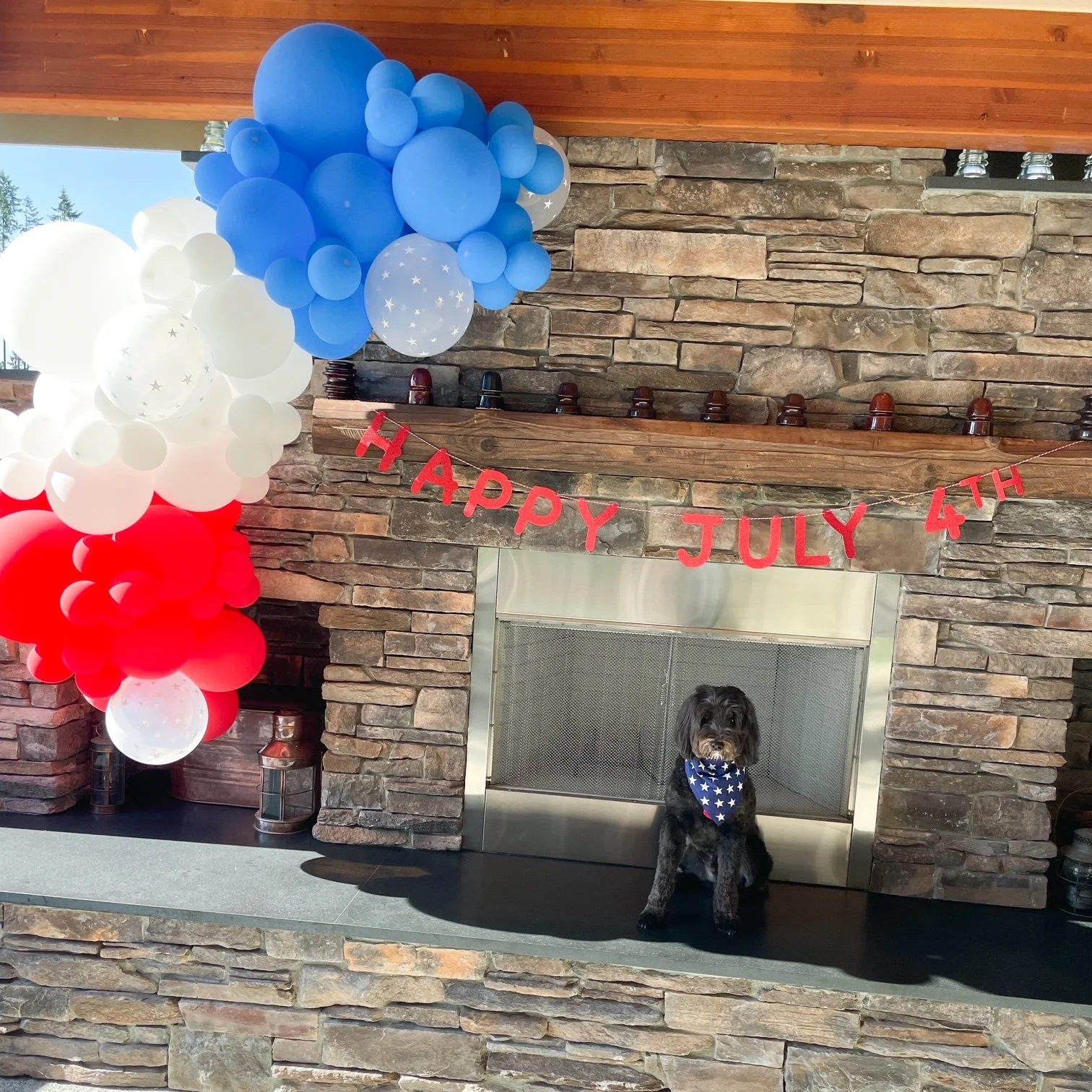 A small black dog wearing a blue bandana with white stars sitting in front of a stone fireplace decorated with a red "Happy July 4th" banner and red, white, and blue balloons.