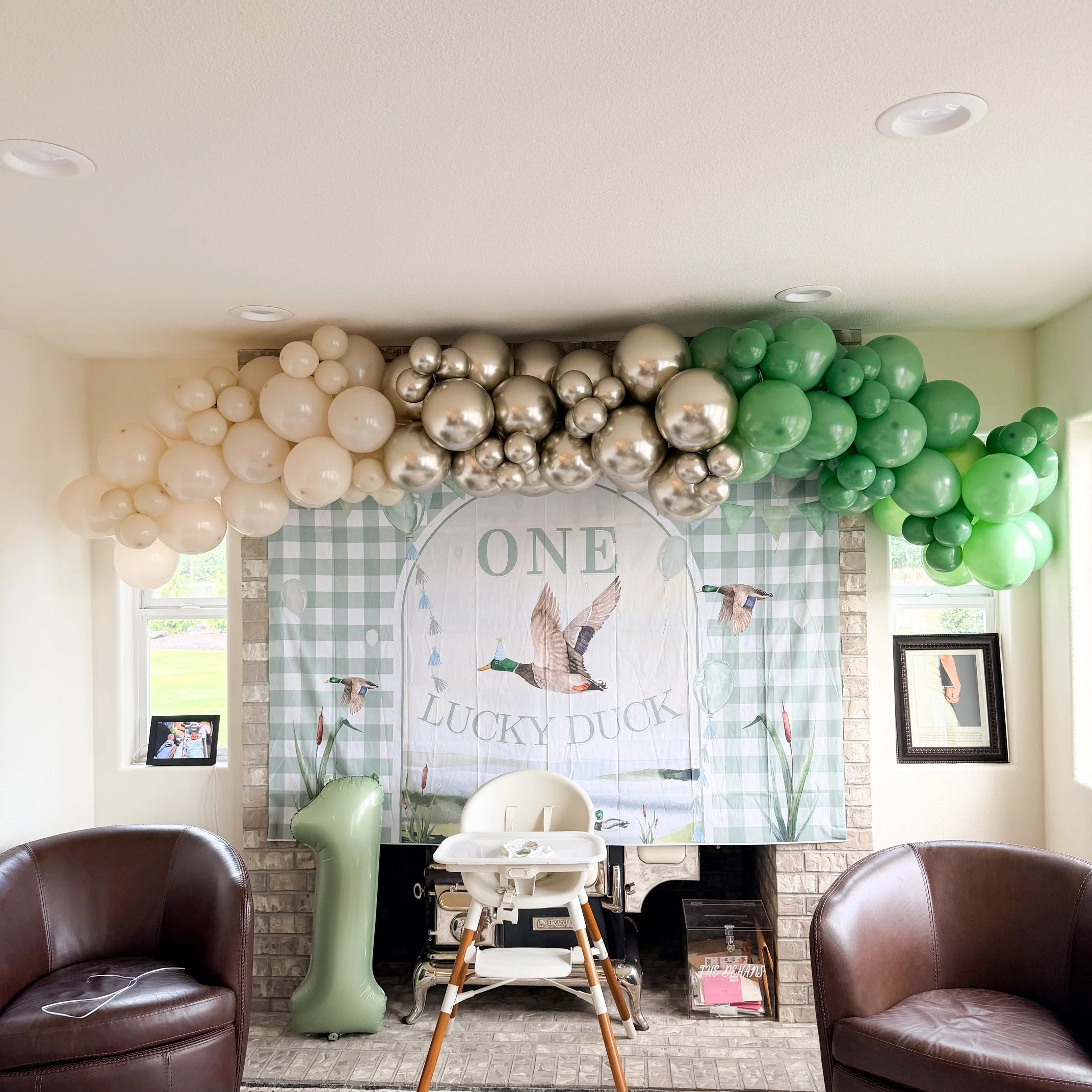 Living room with a decorative backdrop featuring a duck and the words 'ONE LUCKY DUCK', decorated with green, white, and silver balloons celebrating a first birthday.