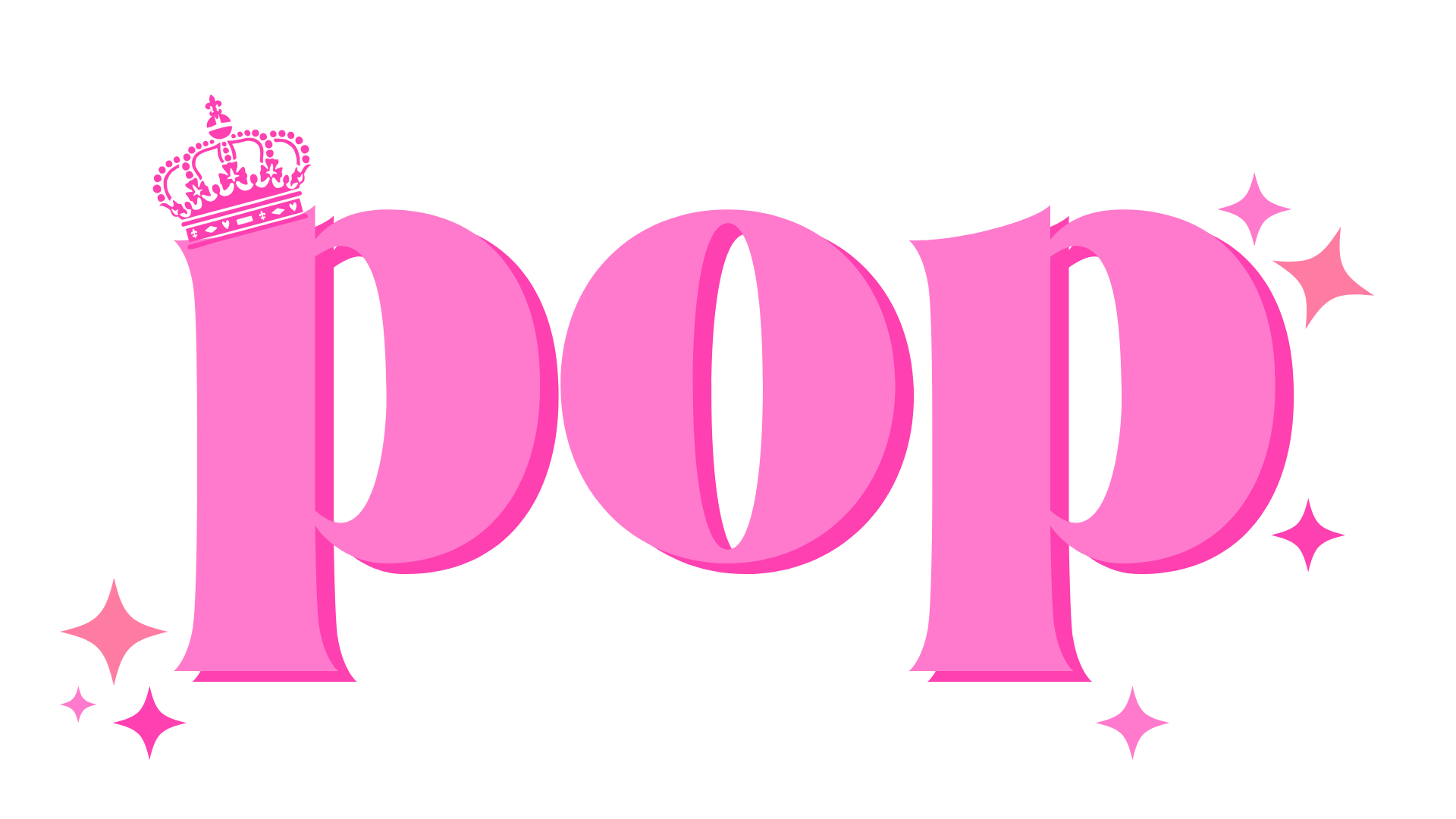 Pink glittery text spelling 'POP' with a small crown on the letter 'P' and sparkles around the letters.